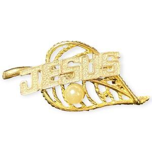 Vintage 80s Gold Tone Brooch Gold Jesus Leaf Faux Pearl Religious Pin